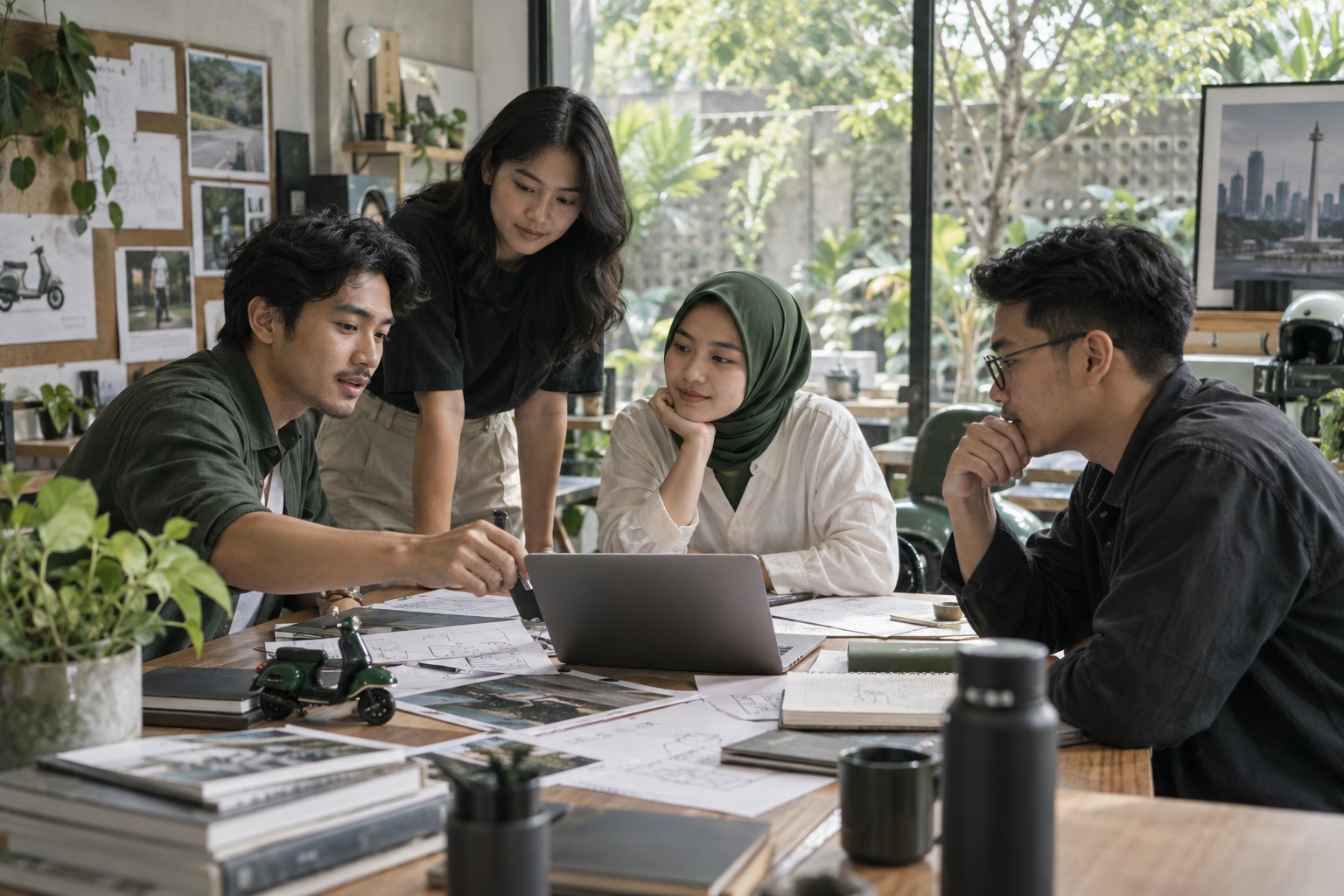Teammates collaborating in a bright studio