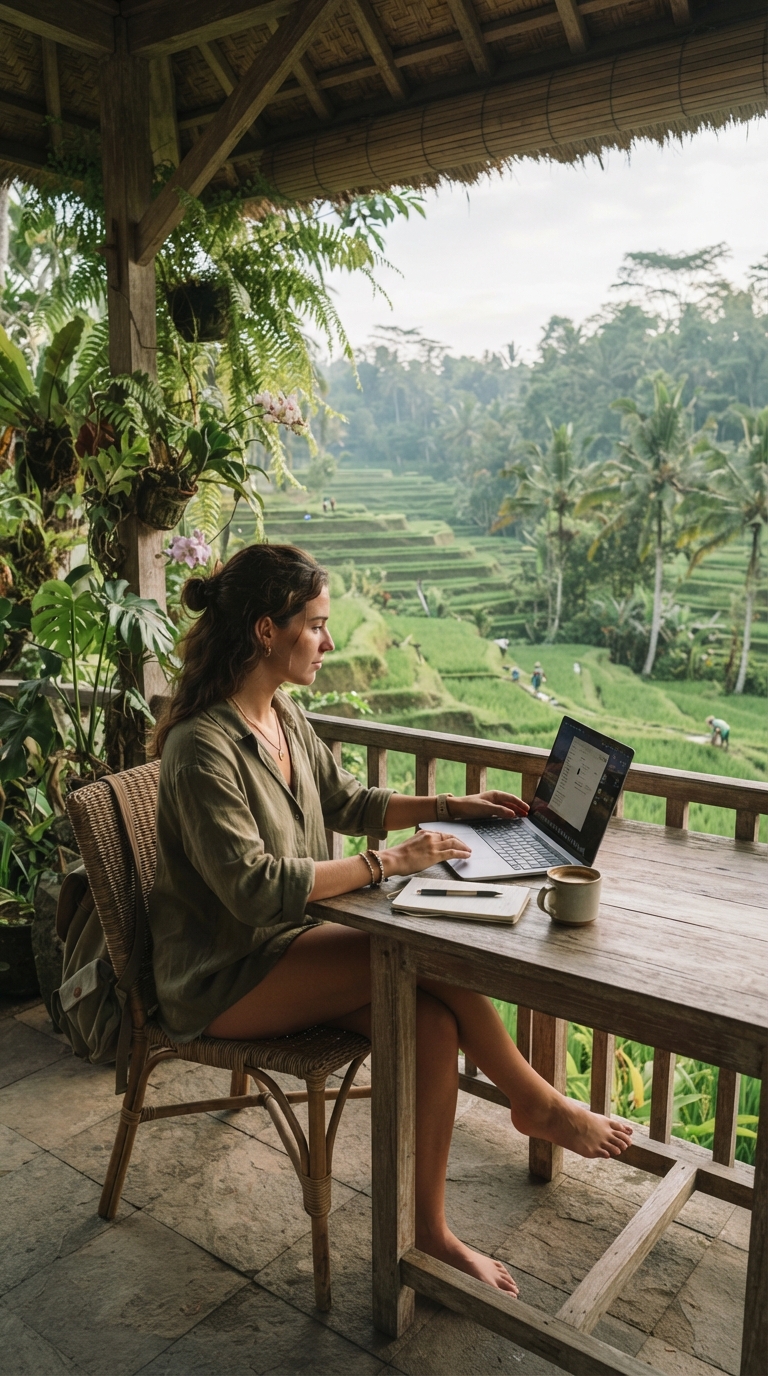 Remote professional working beside the rice terraces in Bali