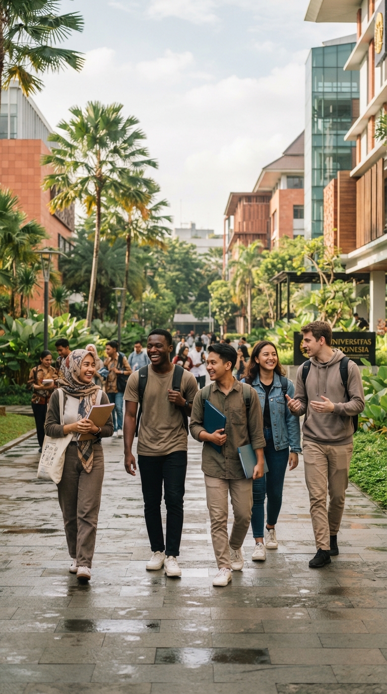 International students walking through an Indonesian campus