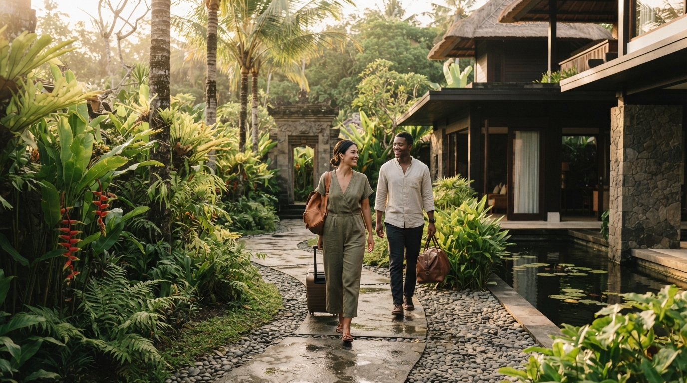 Travellers arriving at a home in Bali